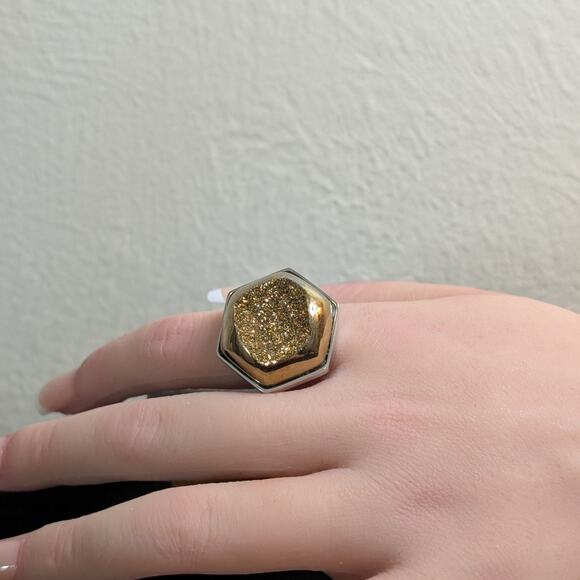 Chunky Hexagon Gold Druzy Quartz Two Tone Sterling Silver Ring Size 8 - Picture 4 of 14